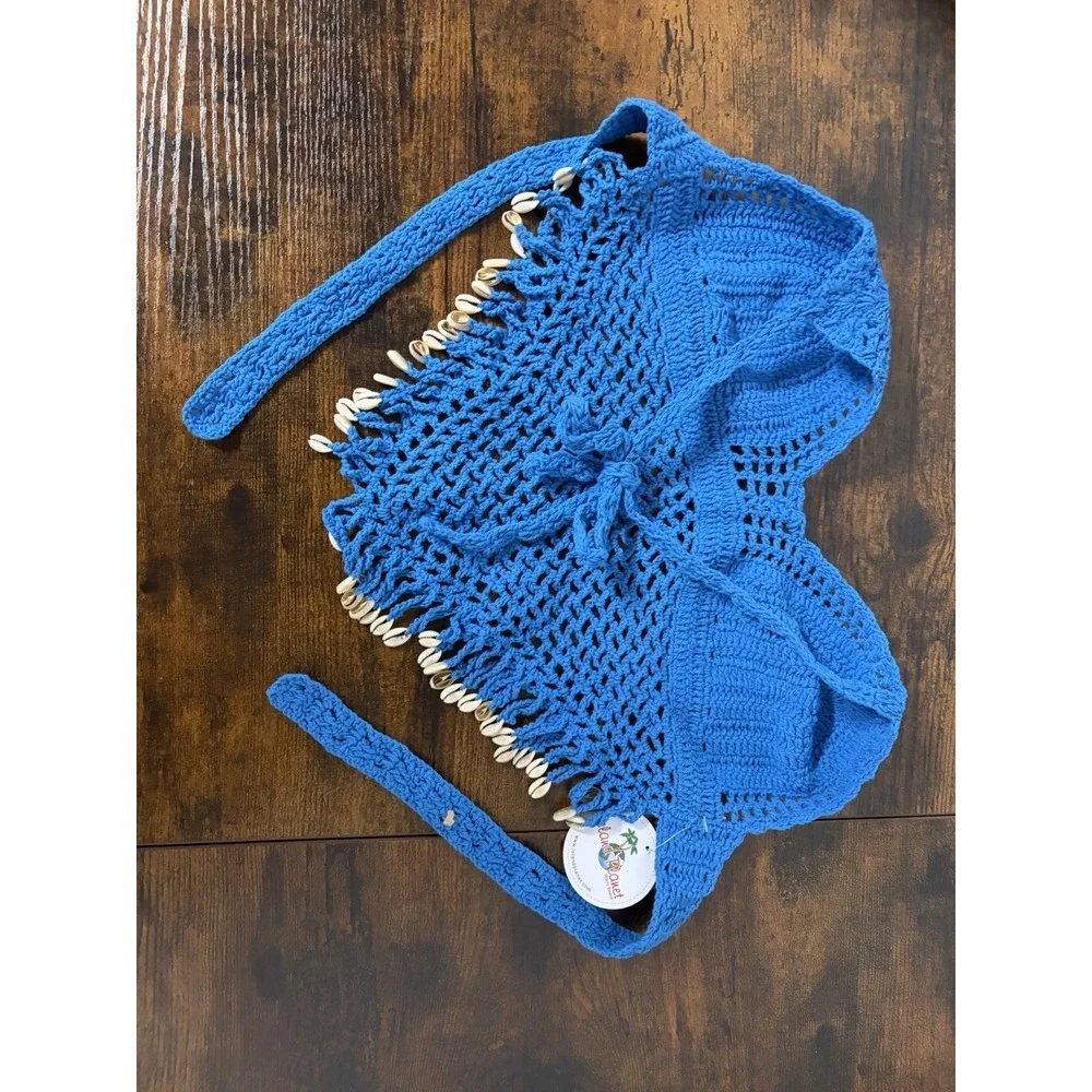 Island Planet Miami Beach Blue Crochet Shell‎ Beads Crop Top Size S